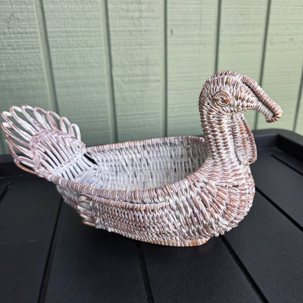 Wicker Turkey Basket Home Decor Medium White Brown Distressed Centerpiece